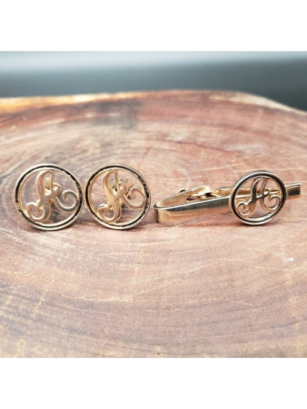 Vintage Gold Tone Cufflinks & Tie Bar Set Script A Monogram Black Enamel